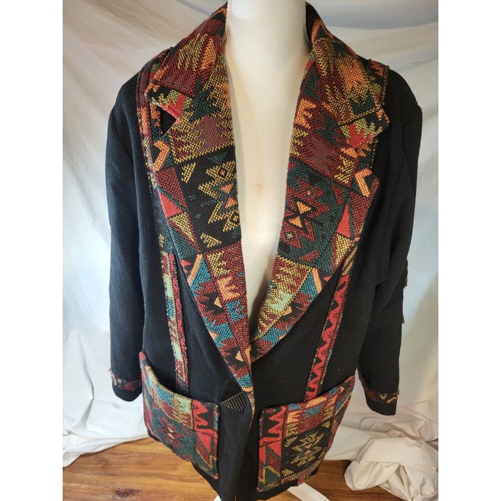 Silverado New Mexico USA Southwestern Black Wool Blazer‎ Jacket Size L